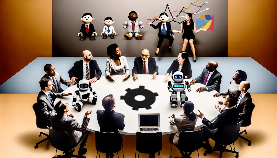 A business meeting with humans and robots around a table, discussing strategy with floating charts and graphs.