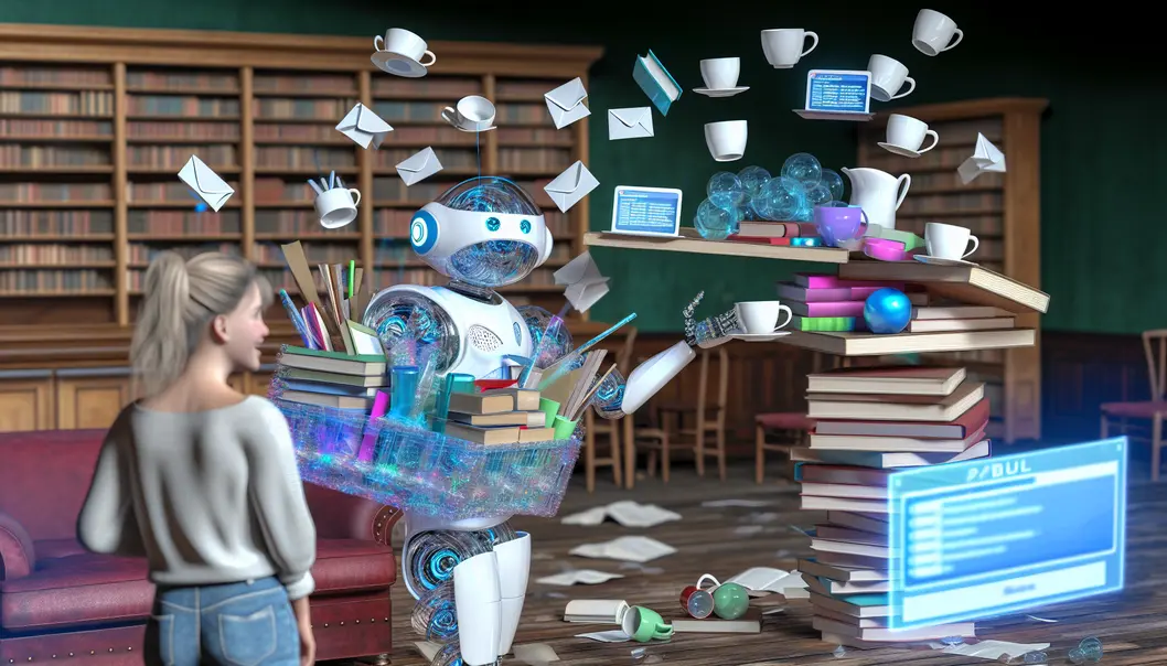 Robot butler comically juggling student tasks, from emails to coffee.