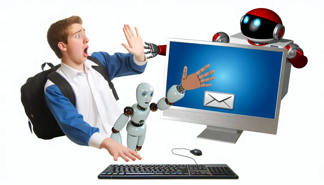 Robot butler comically juggling student tasks, from emails to coffee.