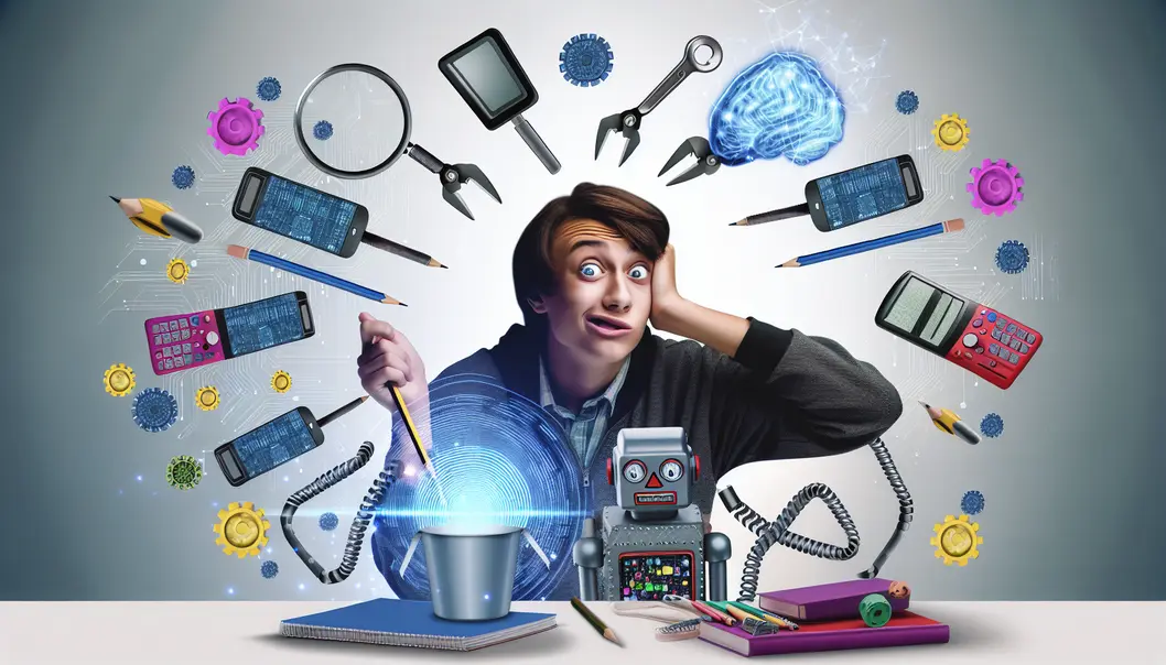 A humorous scene of a student encircled by automation gadgets and digital tools.
