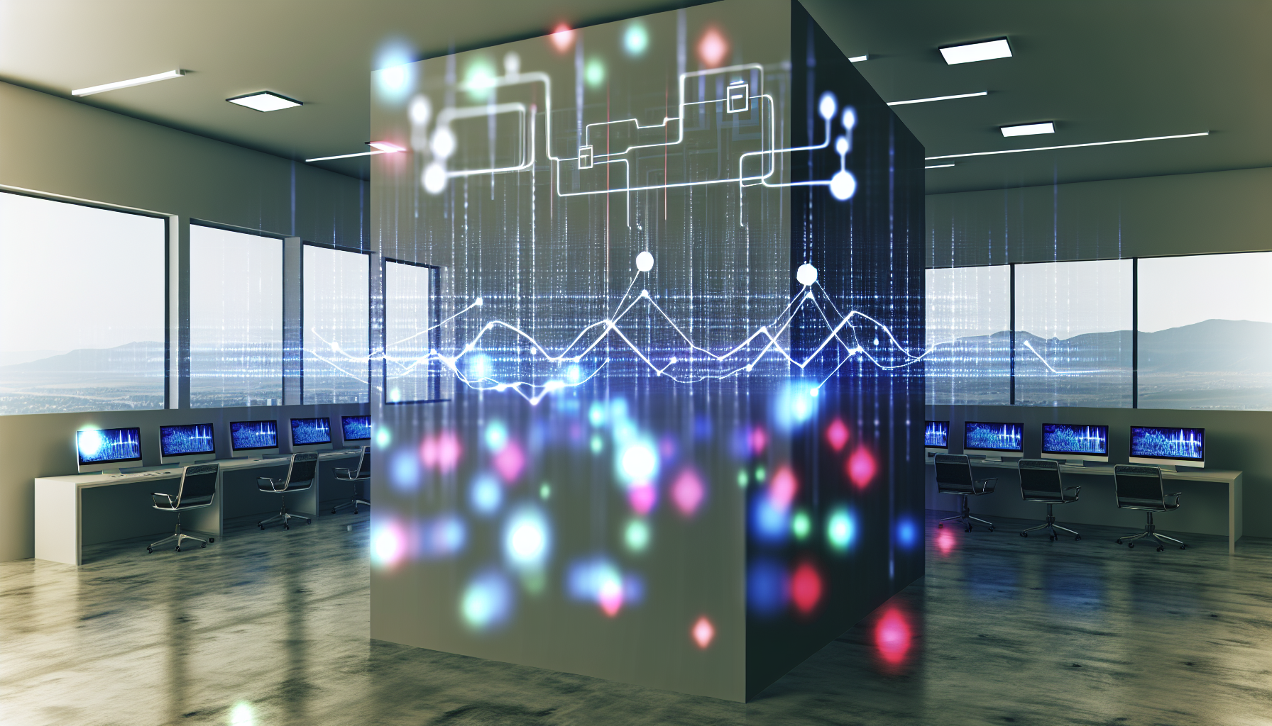 An advanced startup office with AI-powered displays showing analytics and automated workflows, symbolizing growth and success.
