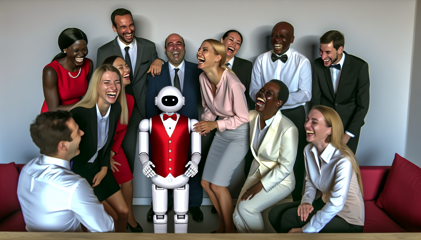 An AI robot dressed as a butler entertaining laughing CEOs.