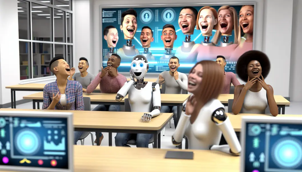 AI devices interacting with students in a futuristic classroom, highlighting humor in tech.
