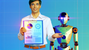 A confident founder with an AI assistant holding a data-rich clipboard, symbolizing their partnership.