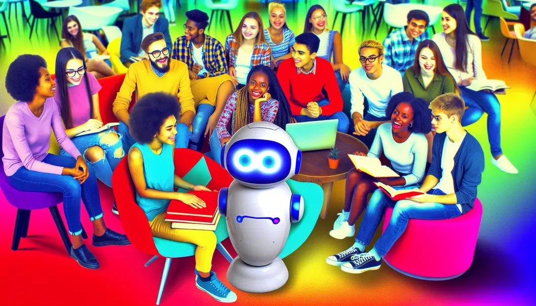 Students interacting with an AI robot in a visually engaging campus setting.