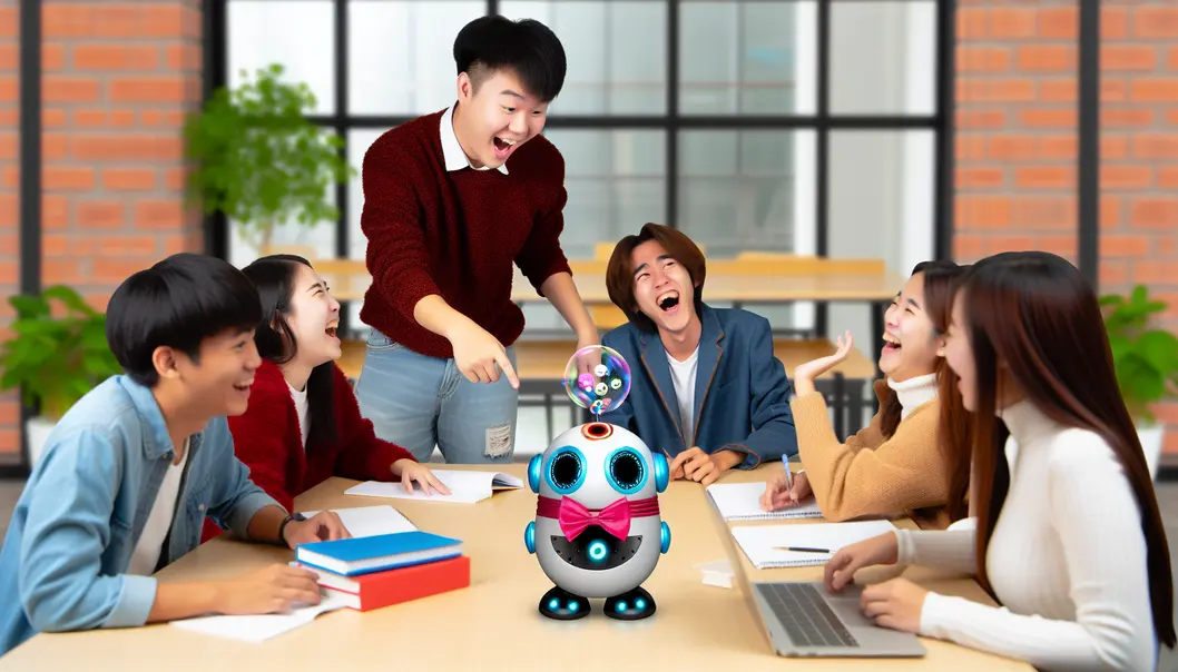 An AI robot cracking witty comments with students, adding humor to daily digital interactions.