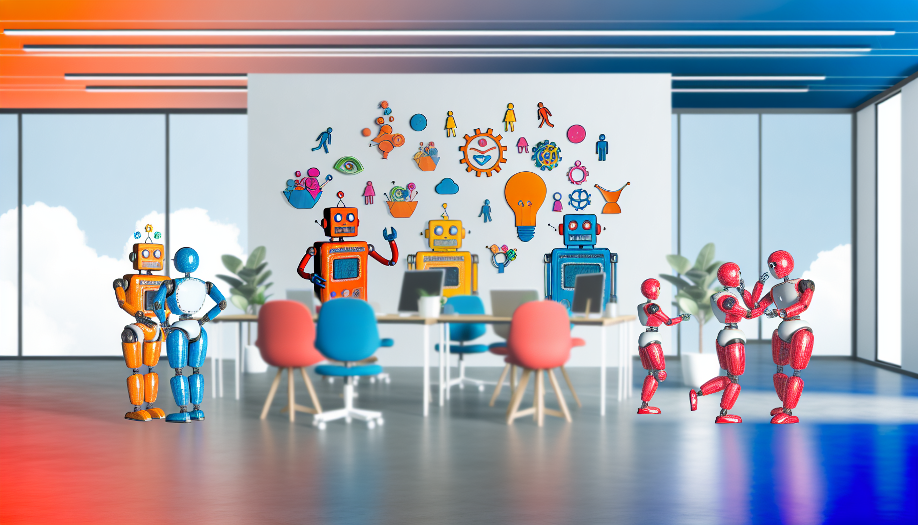 Humans and robots collaborating in an office automation setup.