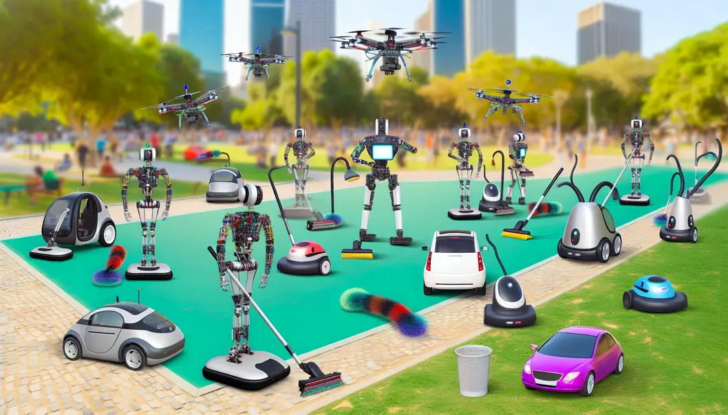 A mixture of autonomous machines like drones and self-driving cars in a city park scene.