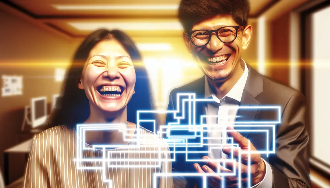 CEO laughing with process flowcharts projected in office.