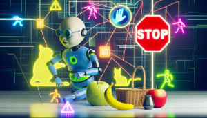 A humanoid robot-like computer processing a mix of images using glowing algorithms.