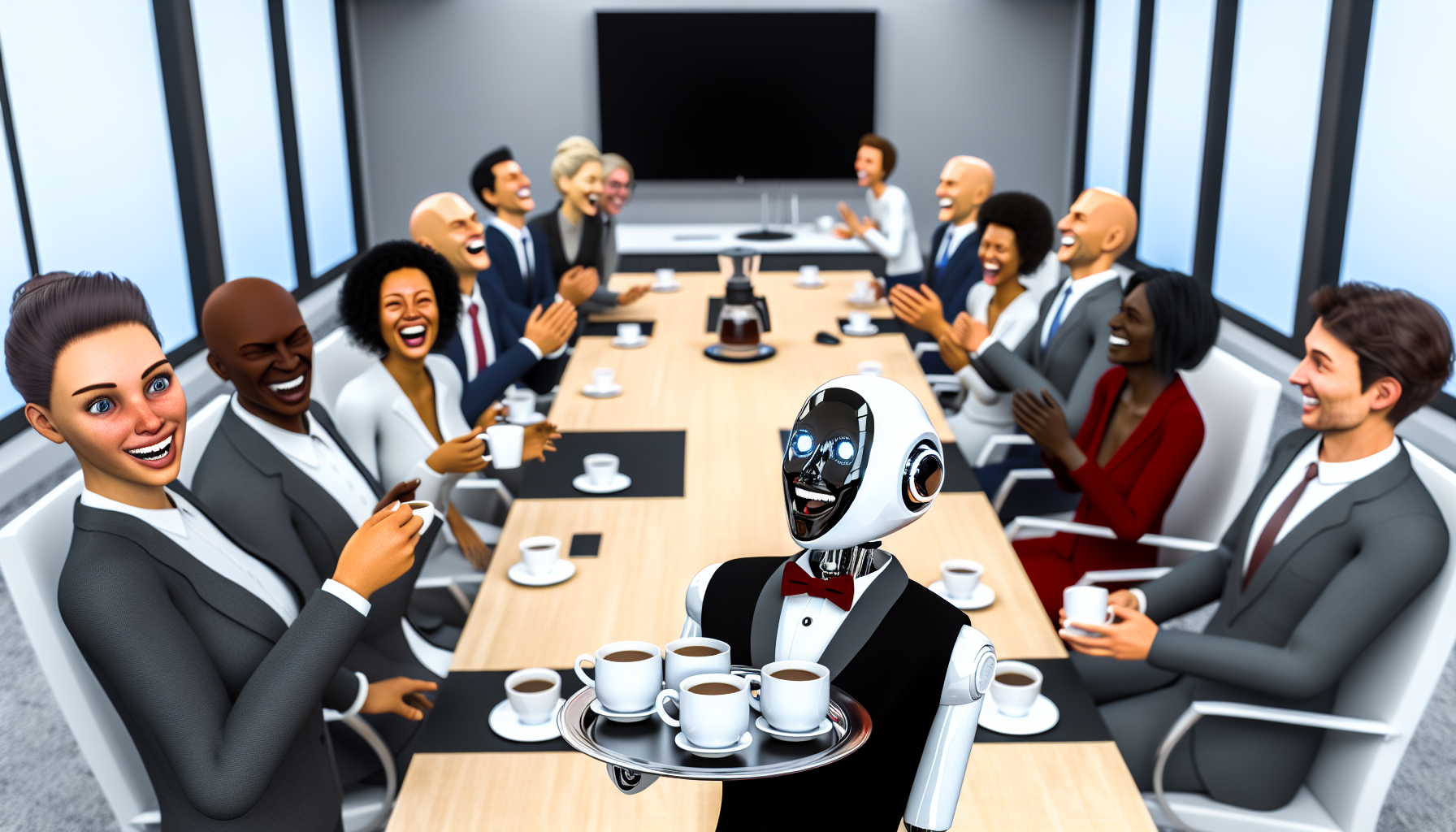 AI as the cheerful digital butler in a corporate setting.