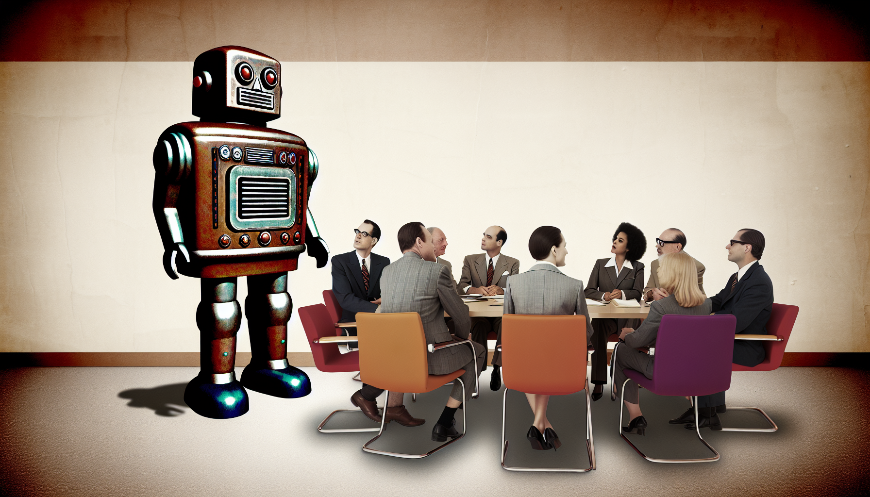 A humorous 1950s scene imagining AI in a corporate setting.