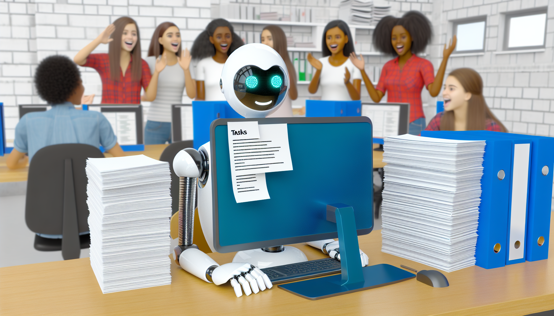 A cheerful software robot automating endless office tasks for students.
