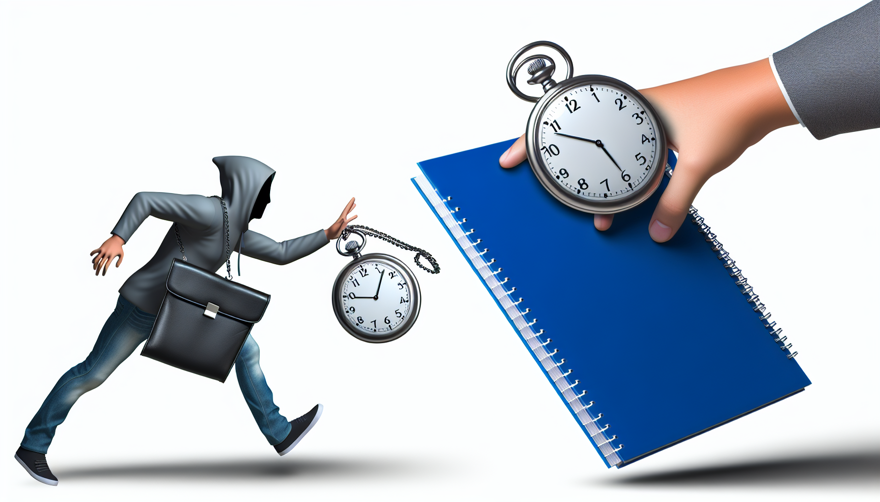 A cartoon illustrating procrastination as a sneaky time thief.