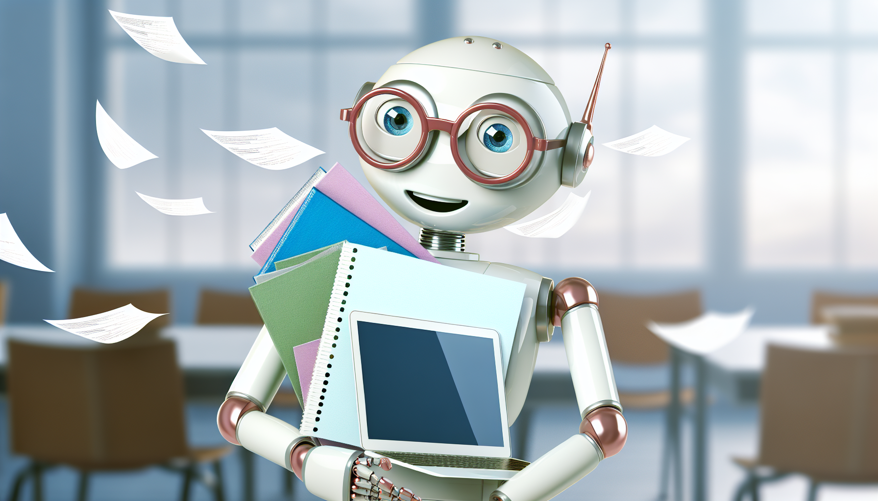 A cheerful robot juggling school assignments efficiently.
