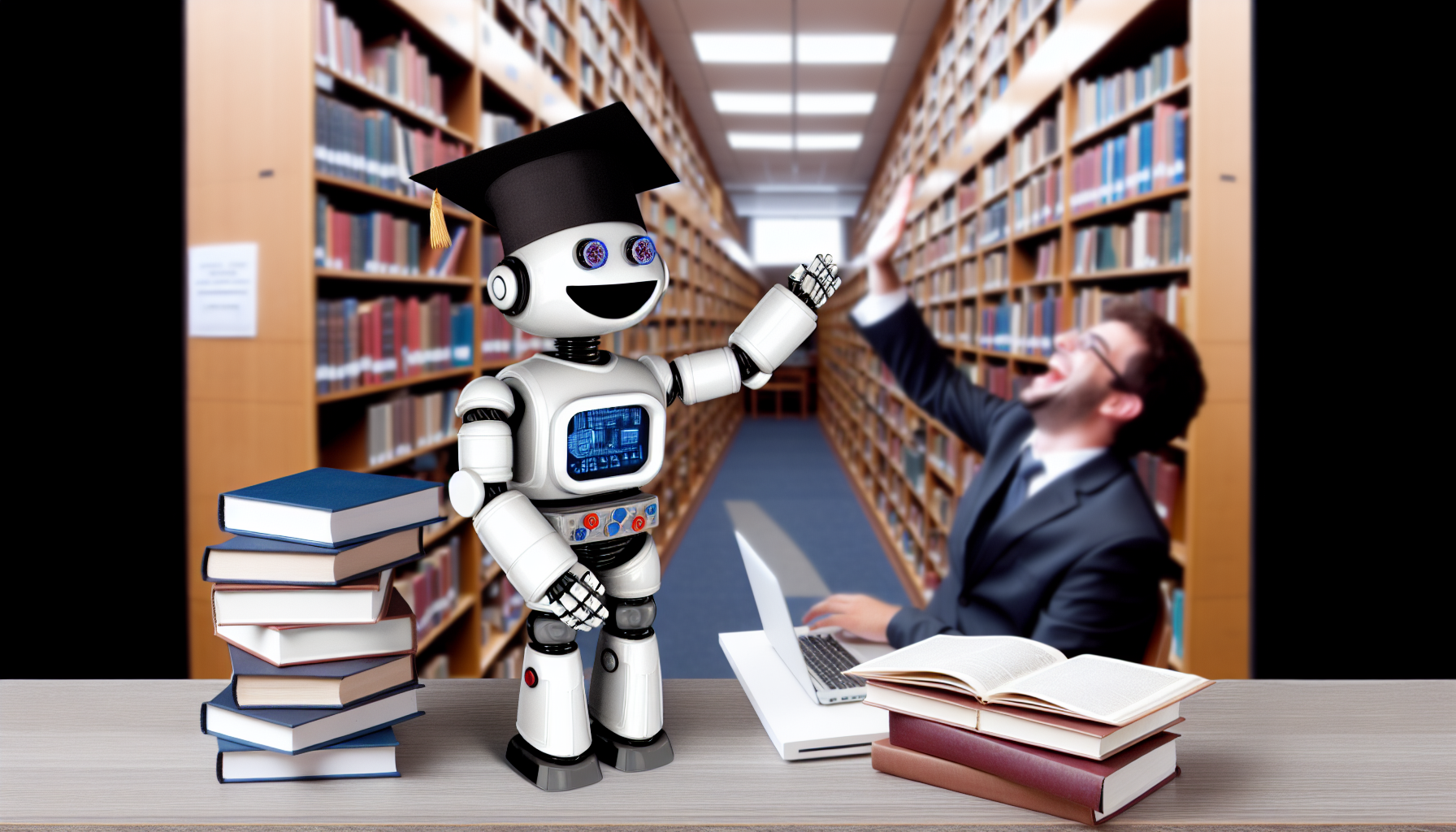 Student and AI bot sharing a light-hearted study moment.