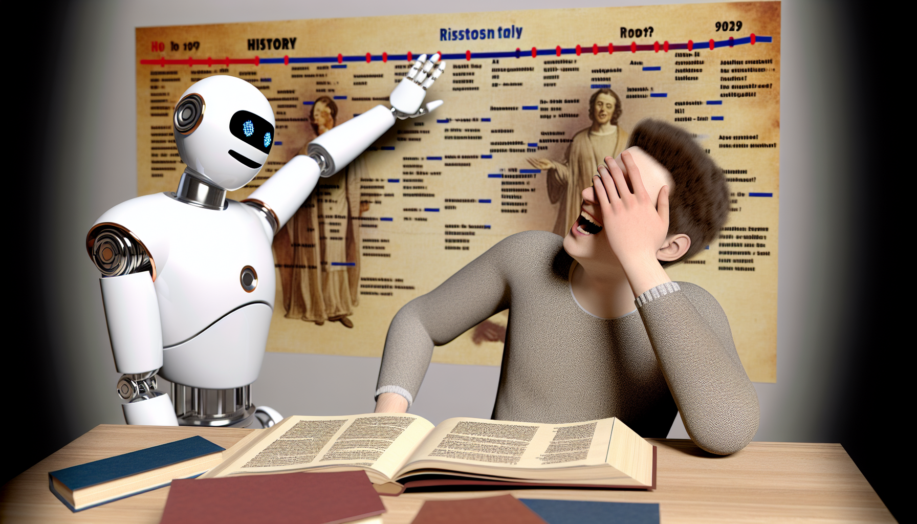 Student and AI bot sharing a light-hearted study moment.