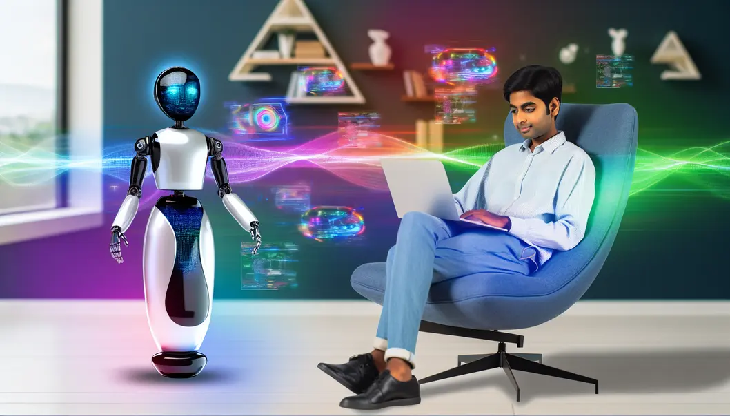 A futuristic image of a lounging student and a robot working on bright, colorful data visuals.