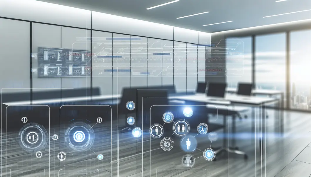 Modern office with digital overlays showing automated processes in action.