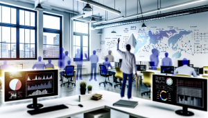 Image of a startup office with animated founders analyzing data screens and charts enthusiastically.