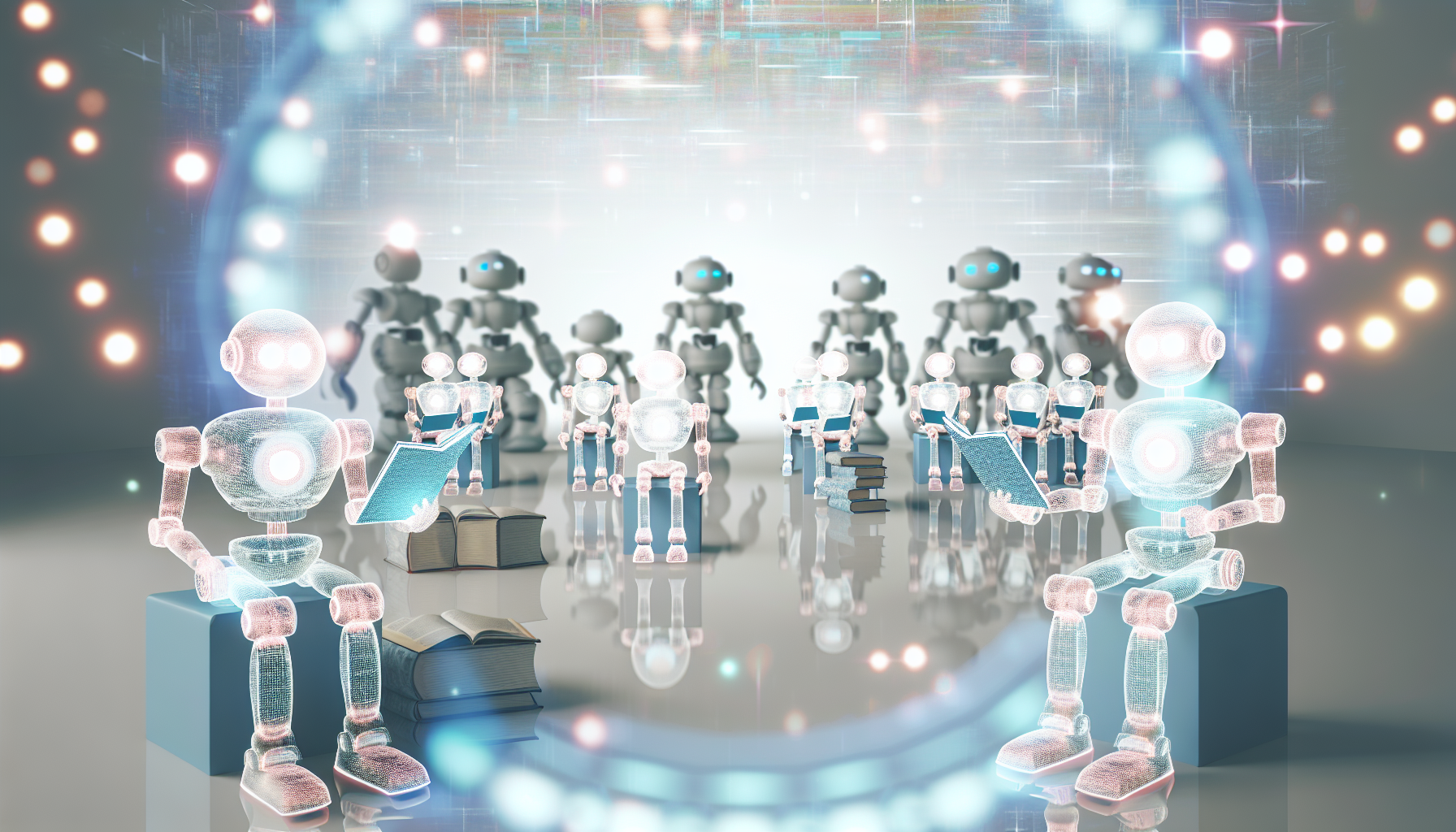 Futuristic classroom with robots studying and interacting through holographic screens.