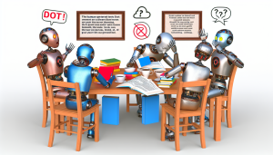 Group of robots humorously debating over the meaning of human texts on a table, with various expressions of confusion.