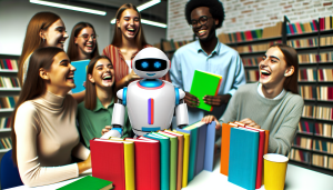 A group of students laughing as a friendly robot assists them in a futuristic library.