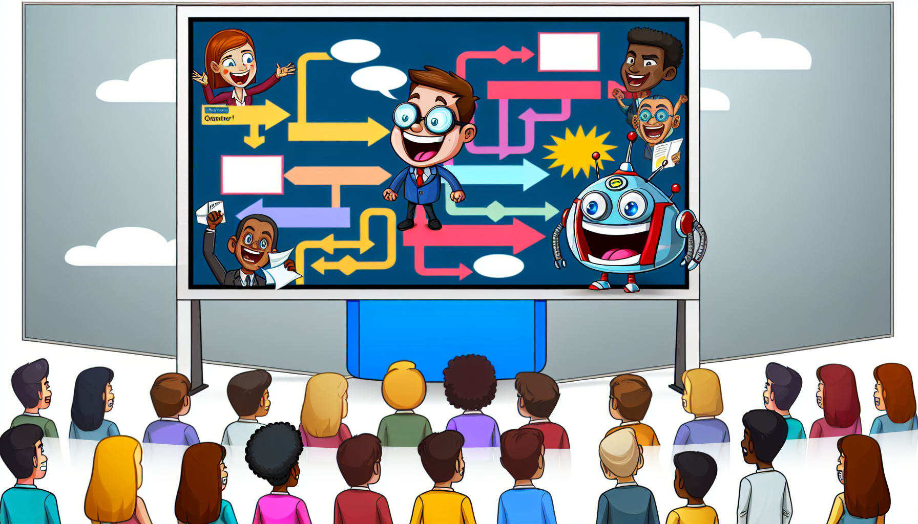 Students analyzing a humorous algorithmic flowchart with cartoon robots.