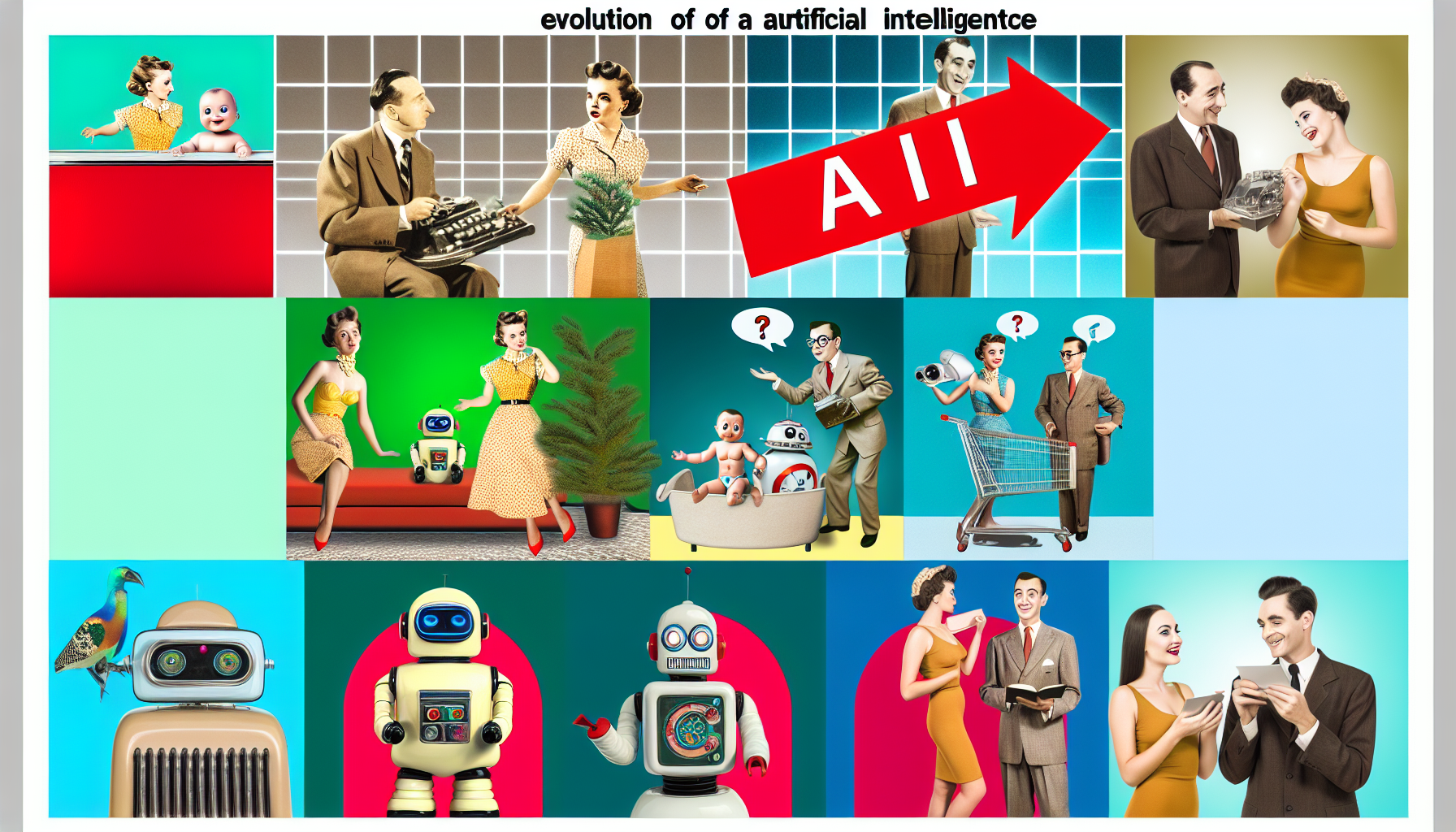 A photo-realistic collage illustrating AI's evolution from robots to modern assistants.