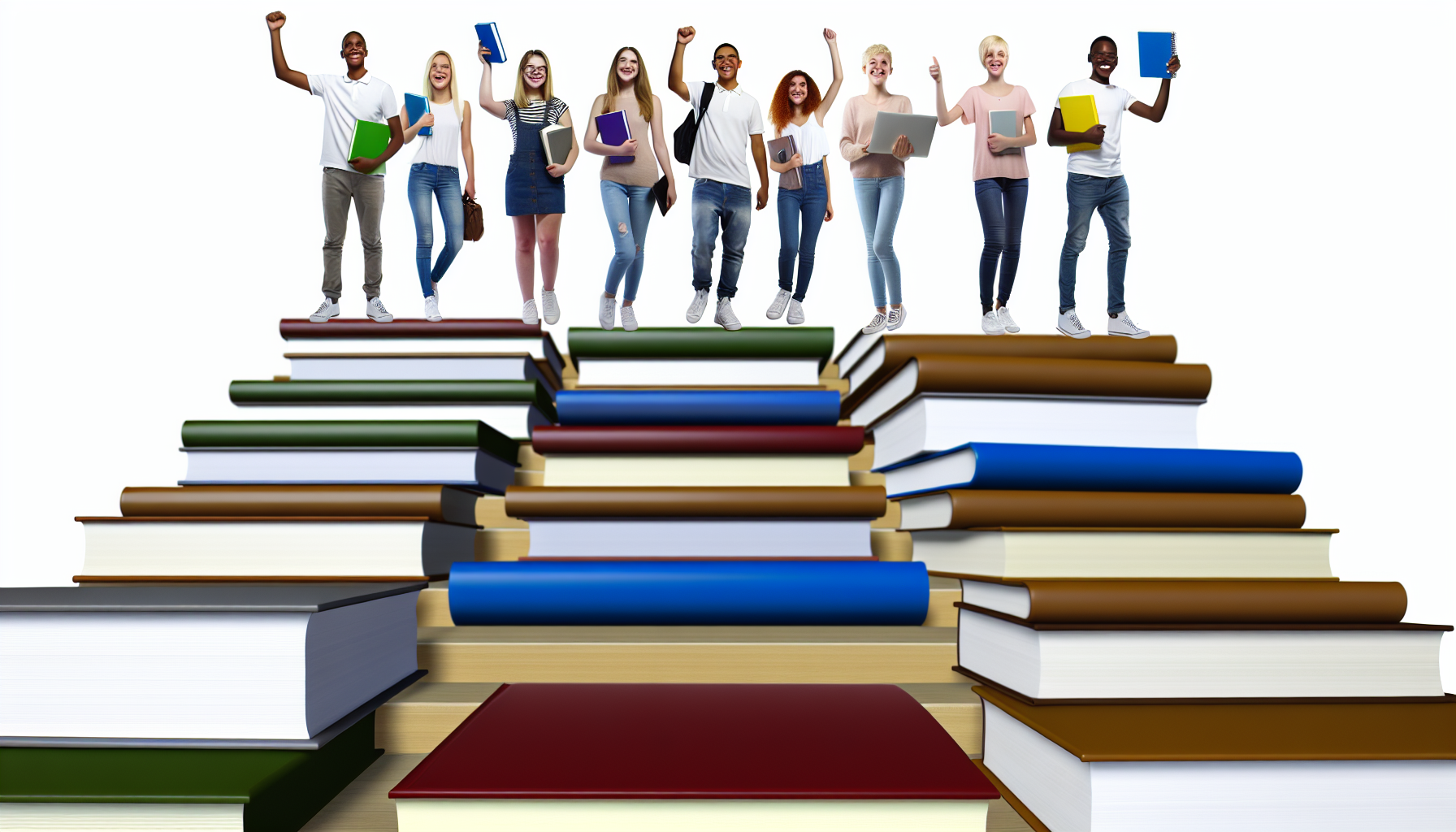 Students holding planners and laptops on a staircase made of books, symbolizing workflow optimization.